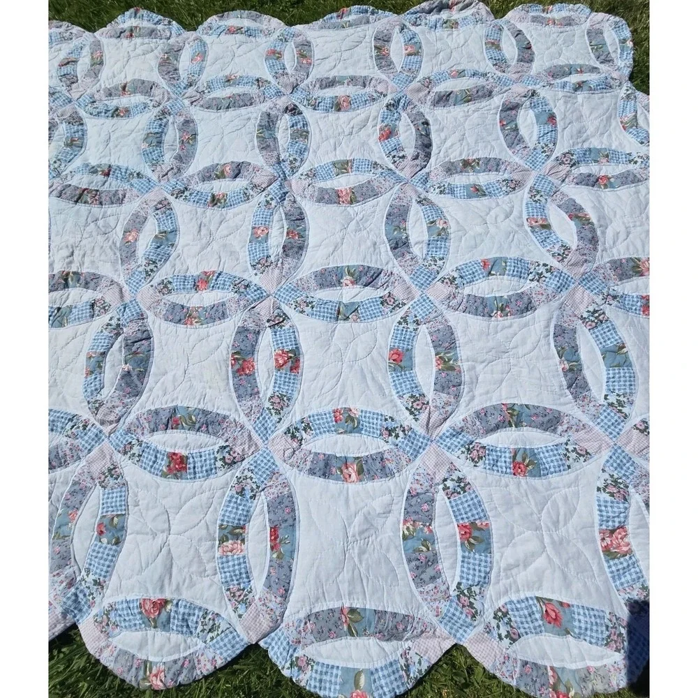 Handmade vintage double wedding ring quilt blue floral gingham Heirloom Cottage